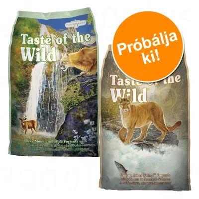 Taste of the Wild macskaeledel csomagolás, bal oldalon Rocky Mountain Feline Formula, jobb oldalon Canyon River Feline Formula. Narancssárga kör: Próbálja ki!