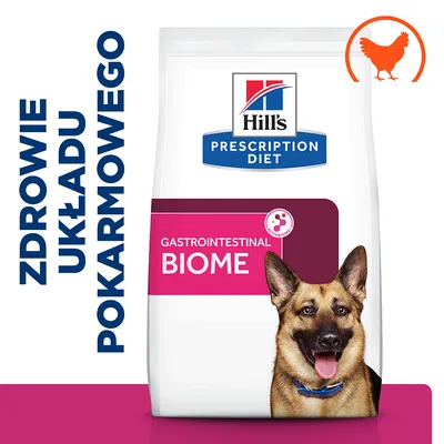 Hill's Prescription Diet Gastrointestinal Biome dla psa, napis: ZDROWIE UKŁADU POKARMOWEGO, grafika kurczaka w rogu opakowania.