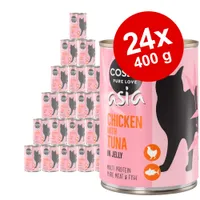 Cosma Asia Chicken with Tuna in Jelly -kissanruoka, 24 x 400 g säilykepakkaus. Pakkauksessa teksti: multi protein, pure meat & fish.