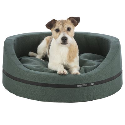 Hundebett in dunkelgrünem Stoff mit schwarzem Streifen und der Aufschrift 'homeEdition'.
