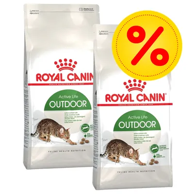 Royal Canin Active Life Outdoor -kuivaruokapakkaukset kissoille, vihreä merkintä OUTDOOR, suuri keltainen prosenttimerkki tarjouksen merkkinä