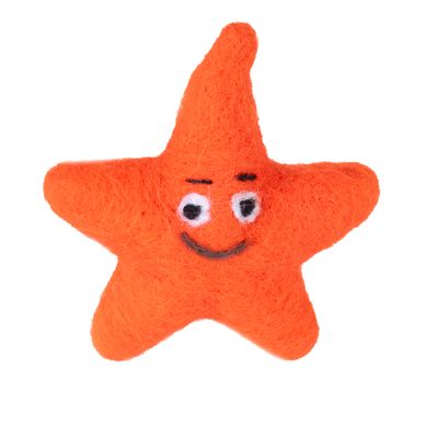 Orange felt starfish with embroidered face and smiling expression.