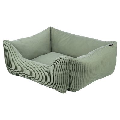 Grünes Haustierbett mit geripptem Stoffdesign und erhöhten Seiten für Komfort.