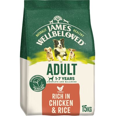 Adult pet food, 1-7 years, complete and balanced, hypoallergenic for sensitivities, rich in chicken and rice, 15kg