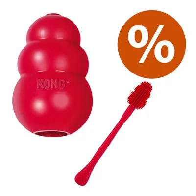 Piros KONG játék és piros szilikon fogápoló stift, narancssárga kedvezmény szimbólum százalékjellel.