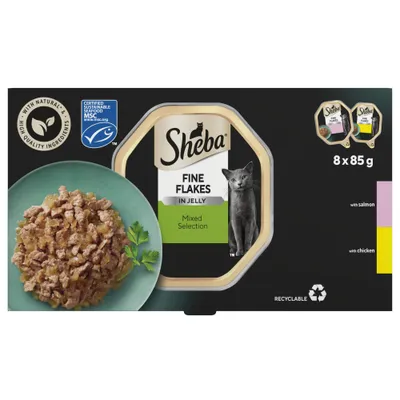 Sheba Fine Flakes in Jelly Mixed Selection, 8 x 85g packs with salmon and chicken, made with natural high quality ingredients, certified sustainable seafood, recyclable packaging.