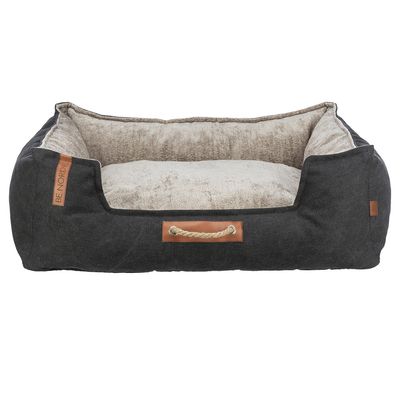 Be Nordic Hundebett mit dunkelgrauem Stoff, beigem Innenpolster und Griff aus Seil. Rechteckige Form mit erhöhten Seiten.