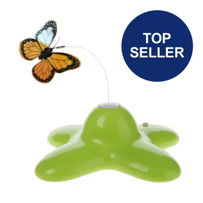 Spielzeug mit grünem Sockel und Schmetterling an Draht. Kreisförmiger Text 'Top Seller' sichtbar.