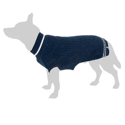 Dunkelblauer Hundepullover mit gestricktem Design, weissem Streifen am Kragen und dekorativem Muster am Rücken.