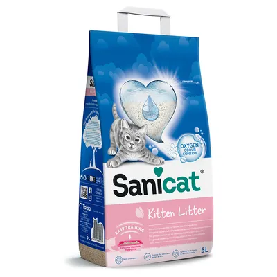 Sanicat Kitten Litter, 5 l, s Oxygen Odour Control a jemnou vůní kozlíku. Mini granulát pro snadné čištění a šetrnou péči o koťata.