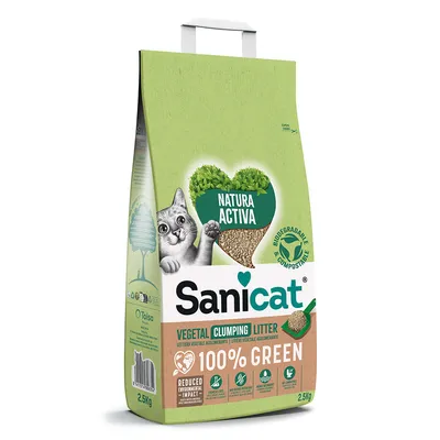 Sanicat Natura Active Vegetal areia aglomerante, 100% verde, biodegradável e compostável, impacto ambiental reduzido, 2,5kg. Embalagem mostra gato e coração de plantas. Sanicat Natura Active Vegetal areia aglomerante, 100% verde, biodegradável e compostável, impacto ambiental reduzido, 2,5kg. Embalagem mostra gato e coração de plantas.