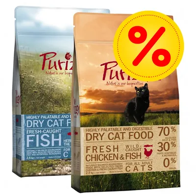 Purizon droog kattenvoer, zichtbare varianten: Fresh Chicken & Fish en Fresh-Caught Fish, 2,5 kg zakken met kortingssymbool. Tekst: 70% vlees/vis, 30% groenten, 0% graan. Purizon droog kattenvoer, zichtbare varianten: Fresh Chicken & Fish en Fresh-Caught Fish, 2,5 kg zakken met kortingssymbool. Tekst: 70% vlees/vis, 30% groenten, 0% graan.