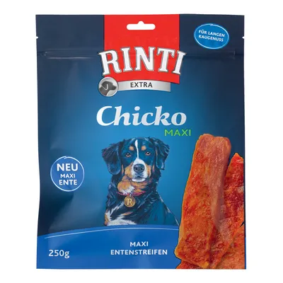 Rinti Extra Chicko Maxi Entenstreifen, 250g. Neu: Maxi Ente. Für langen Kaugenuß.