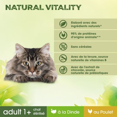 Natural Vitality, élaboré avec des ingrédients naturels, 95 % de protéines d’origine animale, sans céréales, levure source de vitamines B, extrait de chicorée source de prébiotiques. adult 1+ chat stérilisé à la Dinde au Poulet.