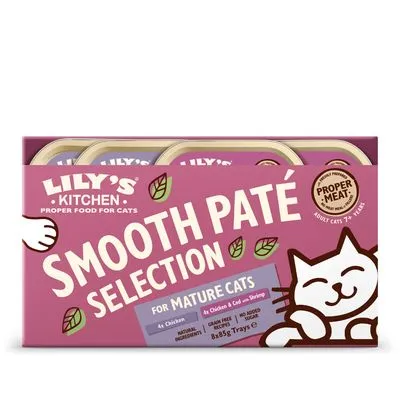 Lily's Kitchen Smooth Paté Selection for Mature Cats, 8x85g. 4x kip, 4x kip en kabeljauw met garnalen. Zonder granen of toegevoegde suikers. Voor volwassen katten vanaf 7 jaar. Lily's Kitchen Smooth Paté Selection for Mature Cats, 8x85g. 4x kip, 4x kip en kabeljauw met garnalen. Zonder granen of toegevoegde suikers. Voor volwassen katten vanaf 7 jaar.