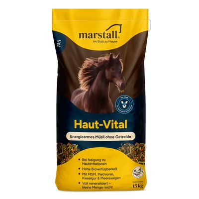 Marstall Haut-Vital, spannmålsfri och utan melass, med MSM, metionin, kiseldioxid och havsalger, för tendens till hudirritationer, med organiska spårämnen. 15 kg förpackning.