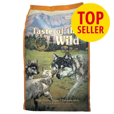 Taste of the Wild High Prairie Puppy Formula with Roasted Venison & Bison, A Grain-Free Diet. Gul cirkel med rød tekst: TOP SELLER.