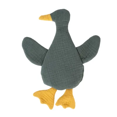 Stoffspielzeug in Form einer Ente mit grauem Körper und gelben Füssen sowie Schnabel.