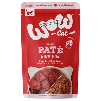 WOW Cat Premium Paté Rind Pur, Made in Germany, con extra de ternera, 70% de ternera, sin cereales. Pure Beef visible en varios idiomas.