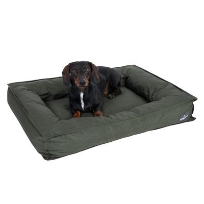 Cane sdraiato su un letto per cani rettangolare verde oliva con bordo rialzato. Logo del marchio 'Mala' visibile sul lato.