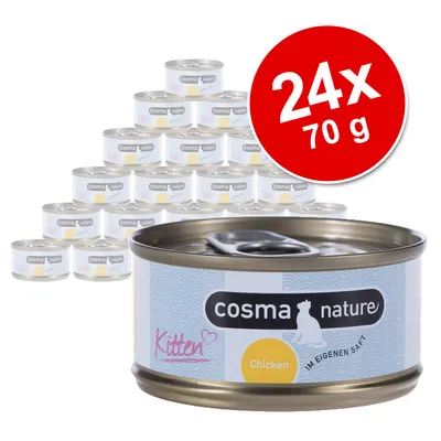 24 latas de 70 g Cosma Nature Kitten Chicken. Texto visível: 'cosma nature', 'Kitten', 'Chicken', 'IM EIGENEN SAFT'. Embalagem metálica com abertura fácil. 24 latas de 70 g Cosma Nature Kitten Chicken. Texto visível: 'cosma nature', 'Kitten', 'Chicken', 'IM EIGENEN SAFT'. Embalagem metálica com abertura fácil.