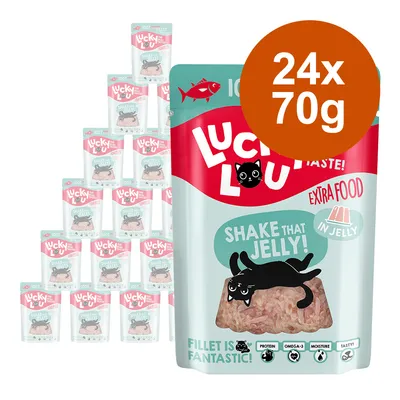 Lucky Lou Extra Food in Jelly, 24x70g Packung. Sichtbare Details: Shake That Jelly!, Fillet is Fantastic!, Protein, Omega-3, Feuchtigkeit, Geschmack.