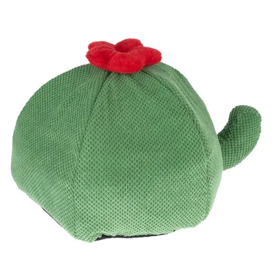 Juguete de tela verde en forma de cactus con adorno de flor roja, apto para mascotas.