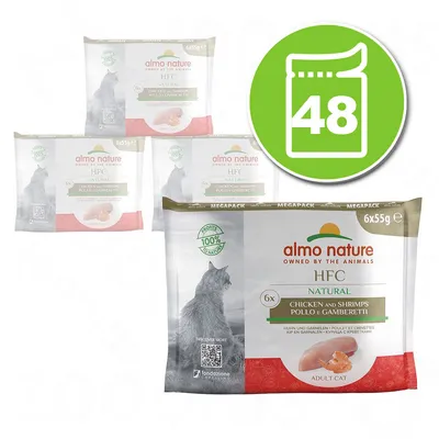 Almo Nature HFC Natural, poulet et crevettes, lot de 48 sachets pour chat adulte, 6x55g par paquet, texte visible : profits 100% pour nature. Almo Nature HFC Natural, poulet et crevettes, lot de 48 sachets pour chat adulte, 6x55g par paquet, texte visible : profits 100% pour nature.