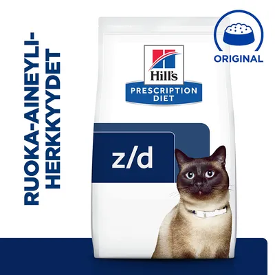 Hill's Prescription Diet z/d kissanruoka, pakkauksessa teksti 'RUOKA-AINEYLIHERKKYYDET' ja 'ORIGINAL', kuvassa myös kissa
