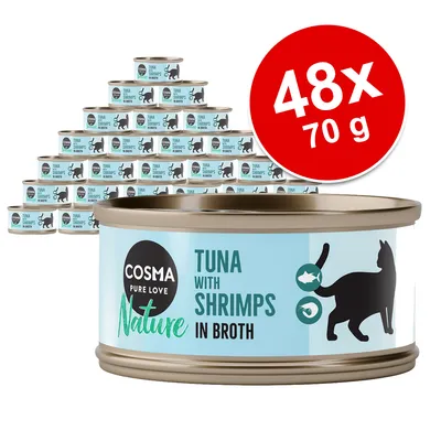 Lot de 48 boîtes Cosma Pure Love Nature, Tuna with Shrimps in Broth, 70 g chacune. Texte en anglais sur l’emballage.