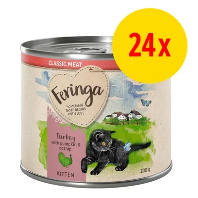 Feringa Classic Meat Turkey with pumpkin & catnip Kitten, 200 g. 24x monipakkaus näkyy keltaisella merkinnällä. Purkin etiketissä musta kissanpentu ja maisema.