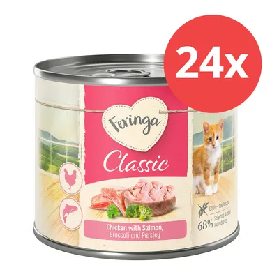 Feringa Classic Katzenfutter, Sorte: Huhn mit Lachs, Brokkoli und Petersilie. 68% ausgewählte tierische Zutaten, getreidefrei. Packung enthält 24 Dosen.
