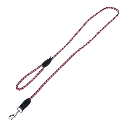 Guinzaglio per cani rosso e argento con design intrecciato, manico nero e moschettone in metallo.