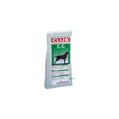 Saco de pienso para perros con la marca SPECIAL CLUB C.C y Royal Canin visible en el envase. Imagen del perfil de un perro negro sobre fondo verde.