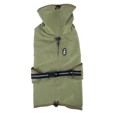 Tiaki cappotto per cani in verde oliva con cintura regolabile, cerniera e strisce rifrangenti. Design funzionale per attività all'aperto.