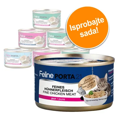 Više konzervi Feline Porta 21 za mačke, vidljive vrste: puretina i tuna s kozicama. Narančasti krug s tekstom: Isprobajte sada!
