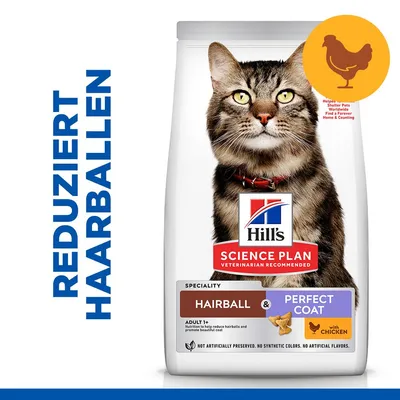 Hill's Science Plan Hairball & Perfect Coat Adult 1+ mit Huhn. Reduziert Haarballen, fördert schönes Fell. Ohne künstliche Konservierungsstoffe, Farben oder Aromen. Hill's Science Plan Hairball & Perfect Coat Adult 1+ mit Huhn. Reduziert Haarballen, fördert schönes Fell. Ohne künstliche Konservierungsstoffe, Farben oder Aromen.