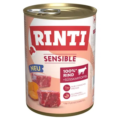 Rinti Sensible, new, 100% beef with sweet potato, only 1 animal protein, gluten-free for optimal tolerability, in meat content.