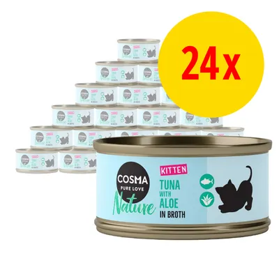 Cosma Pure Love Nature Kitten Tuna with Aloe in Broth, 24 burkar. Synlig text: KITTEN, TUNA WITH ALOE IN BROTH, bild på katt och fisk. Metallburk.