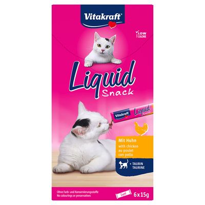 Vitakraft Liquid Snack with chicken, 6x15g. Free from colourings and preservatives, with taurine. Low calorie content.