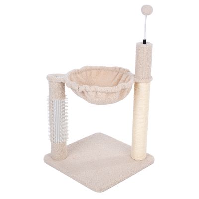 Arbre à chat beige avec hamac en tissu, poteau à griffer en sisal, brosse verticale et jouet boule sur ressort, base carrée recouverte de tissu.