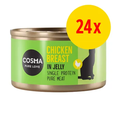 Boîte Cosma Pure Love Chicken Breast in Jelly, Single Protein Pure Meat. Lot de 24x indiqué en jaune et rouge sur l’image.