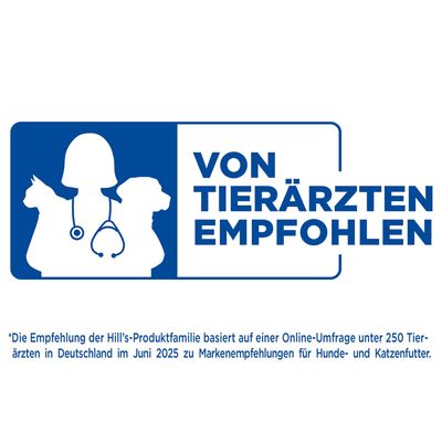 Hill's Prescription Diet y/d, image d'un chat, texte allemand «UNTERSTÜTZUNG DER SCHILDDRÜSE», mention «ORIGINAL» avec icône de gamelle.