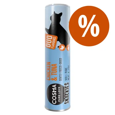 Cosma Snackies Duo Flavours Chicken & Tuna, sanft gefriergetrocknet, 100% reines Fleisch und Fisch. Prozentzeichen für Rabattaktion sichtbar.