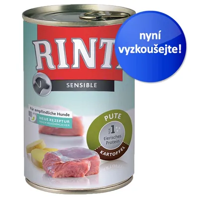 Konzerva RINTI Sensible Pute Kartoffel, pro citlivé psy, nápis 'nyní vyzkoušejte!', pouze 1 živočišný protein, nová receptura, viditelné maso a brambory na obalu.