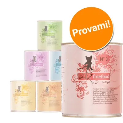 Scatolette Catz finefood per gatti, vari gusti e numeri visibili: N°3, N°5, N°7, N°9, N°11. Etichetta arancione con testo: Provami!