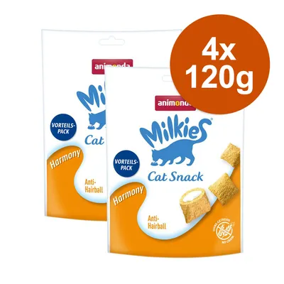 Animonda Milkies Cat Snack Harmony Vorteils-Pack, Anti-Hairball, ohne Getreide, 4x120g.