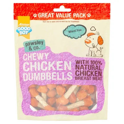 Chewy chicken dumbbells with 100% natural chicken breast meat, wheat free, great value pack. Visible treats inside packaging.