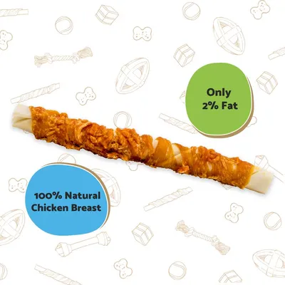 Treat stick made with 100% natural chicken breast and only 2% fat, as shown in product image text.
