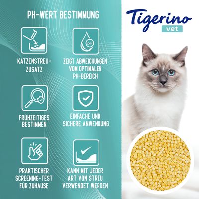 Tigerino vet Katzenstreuzusatz zur pH-Wert-Bestimmung. Zeigt Abweichungen vom optimalen pH-Bereich, frühzeitiges Bestimmen, einfache Anwendung, für alle Streuarten geeignet.
